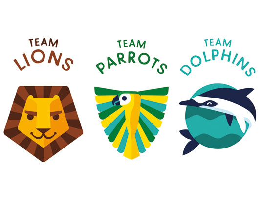 Drei Teams: Löwen, Papageien und Delfine
